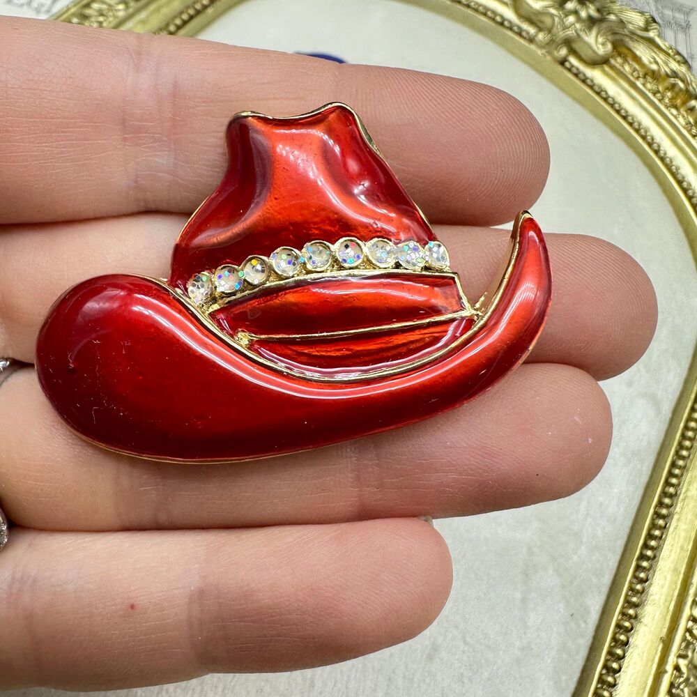 Red Cowboy Cowgirl Hat Brooch pin 18k gold finished